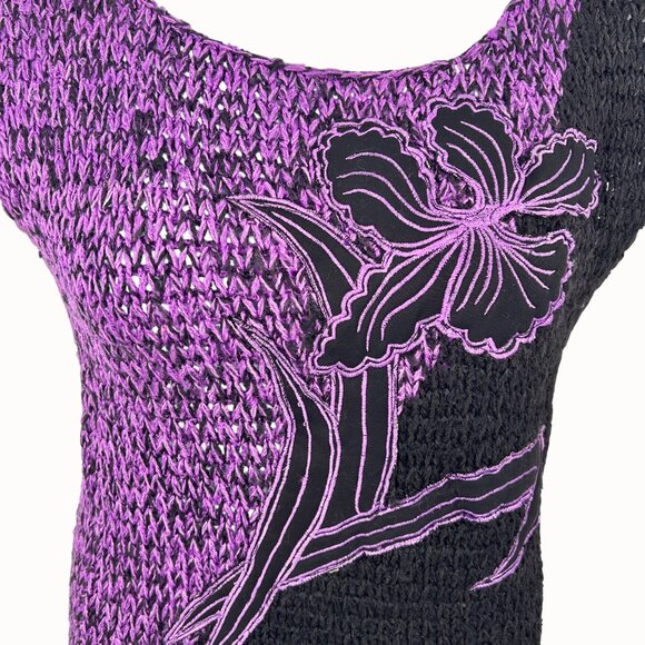 Vintage Black & Purple Knit Cap Sleeve Sweater Top W/ Embroidered Floral Design - Picture 2 of 6